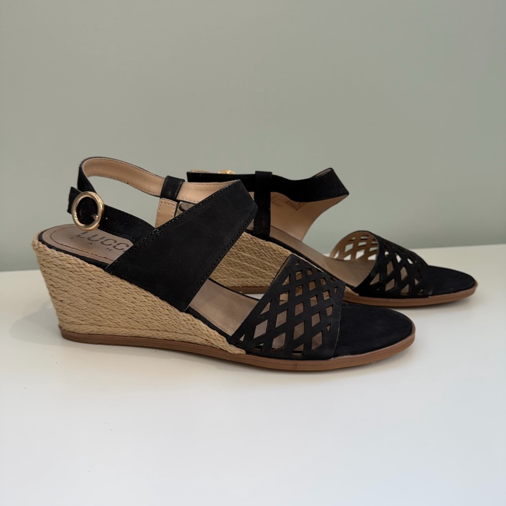 Lucca Lane Women’s Black Wedge Sandals‎ Ankle Strap Comfort Summer Chic Size 8
